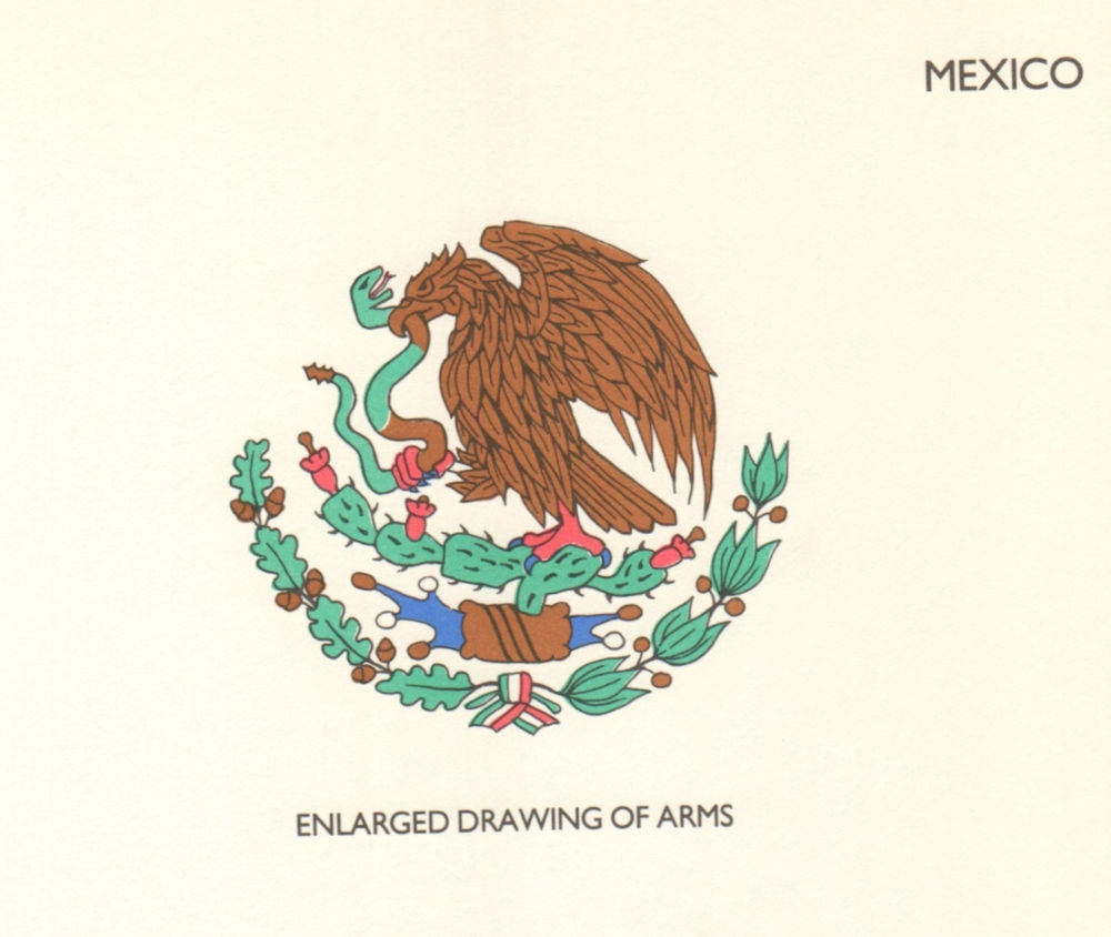MEXICO FLAGS. Enlarged Drawing of Arms 1985 old vintage print picture